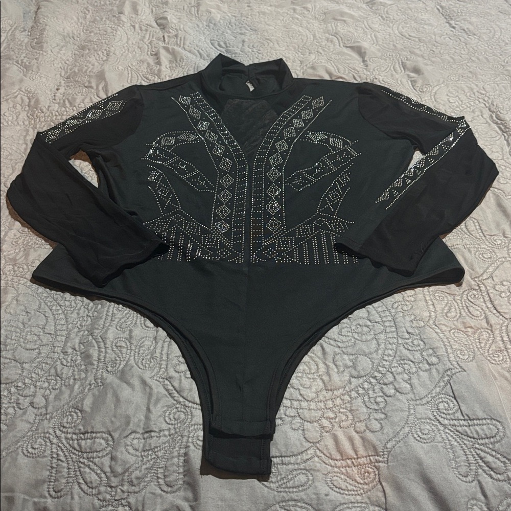 🖤 Black Rhinestone Mesh Bodysuit – 2XL – Sheer Cutout Statement Top - Picture 2 of 8